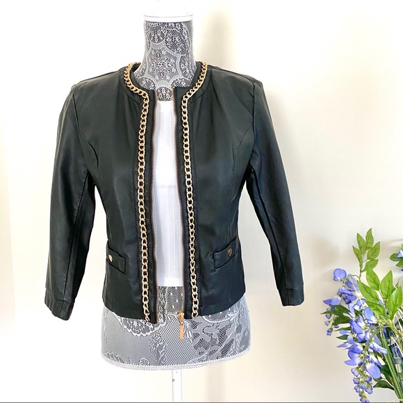 Forever 21 Jackets & Blazers - Black Leather Jacket with Gold Chain Trim